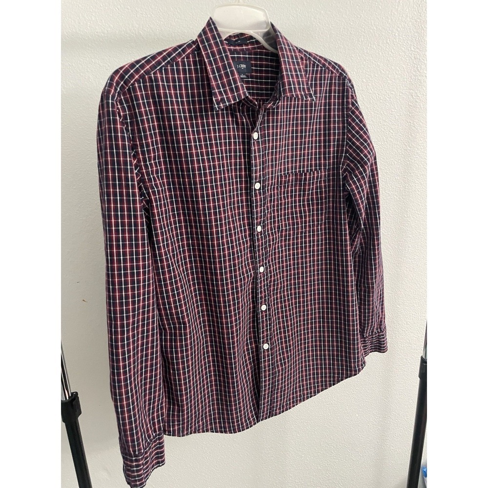 J. Crew Slim Button-Up Shirt Men's Size L Navy Red Long Sleeve Plaid Cotton - Picture 2 of 7